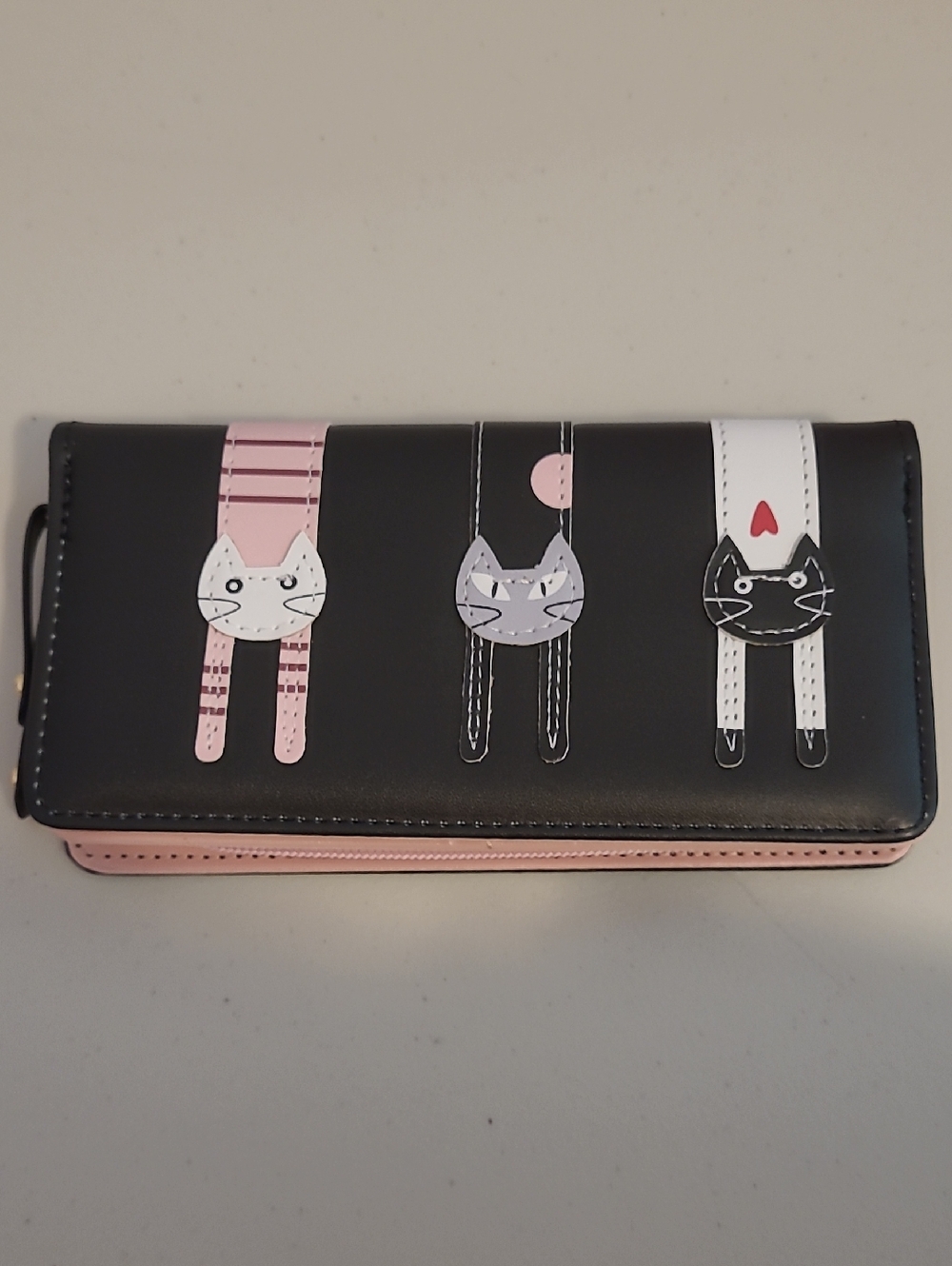 Black Cat Trio Long Wallet with Pink Accents